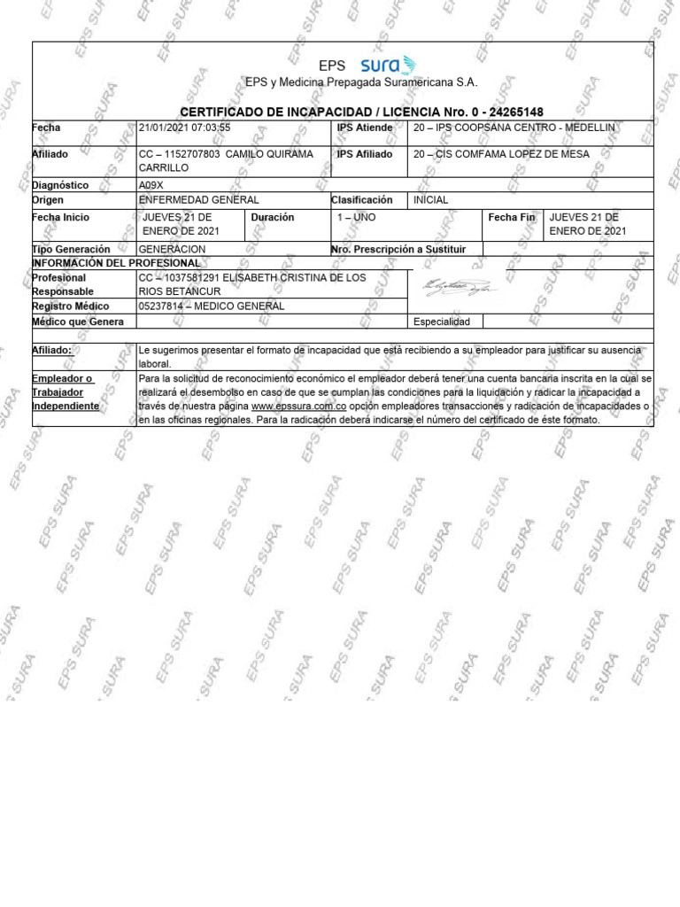 Certificado de Incapacidad EPS Sura | PDF