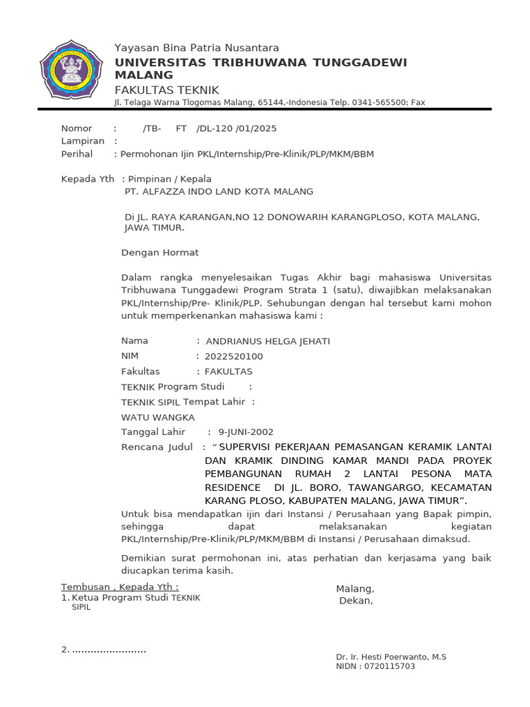 Permohonan Ijin PKL Teknik Sipil Malang | PDF