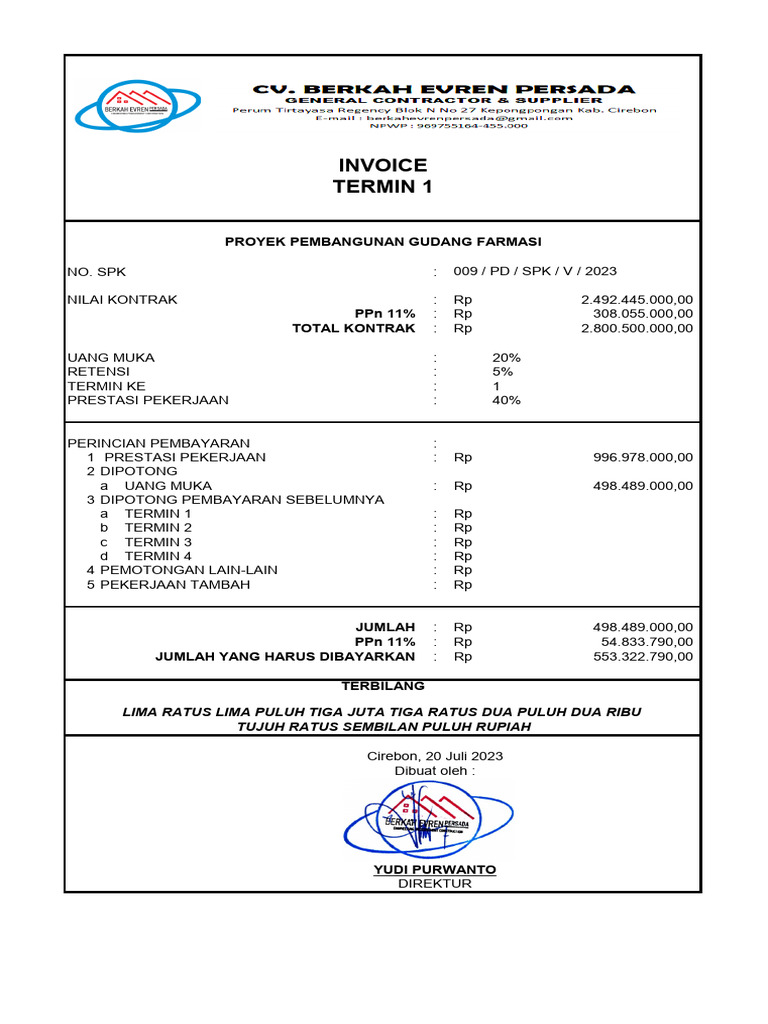 Termin 1 Invoice Proyek Gudang Farmasi | PDF