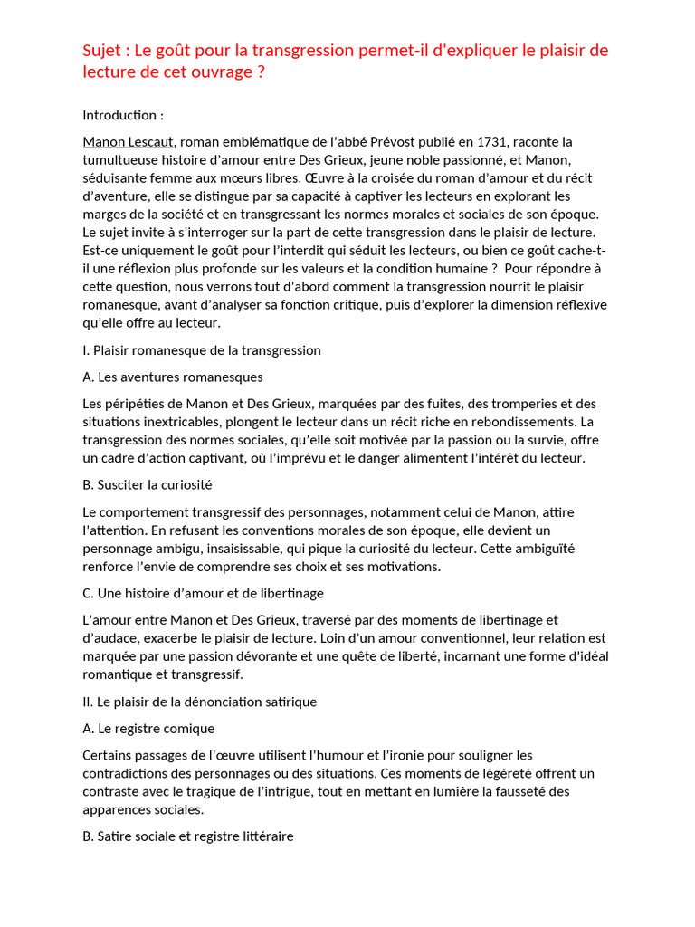 Plaisir de lecture et transgression dans Manon Lescaut | PDF | Amour ...