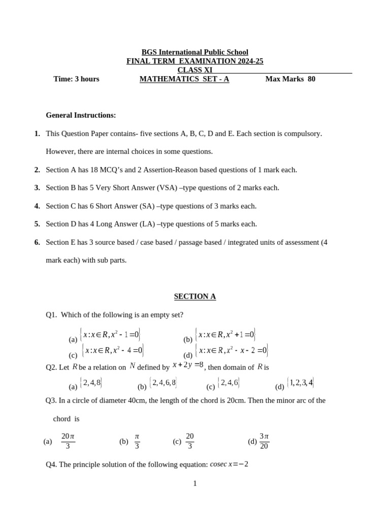 Class XI Mathematics Final Exam 2024-25 | PDF | Triangle | Euclidean ...