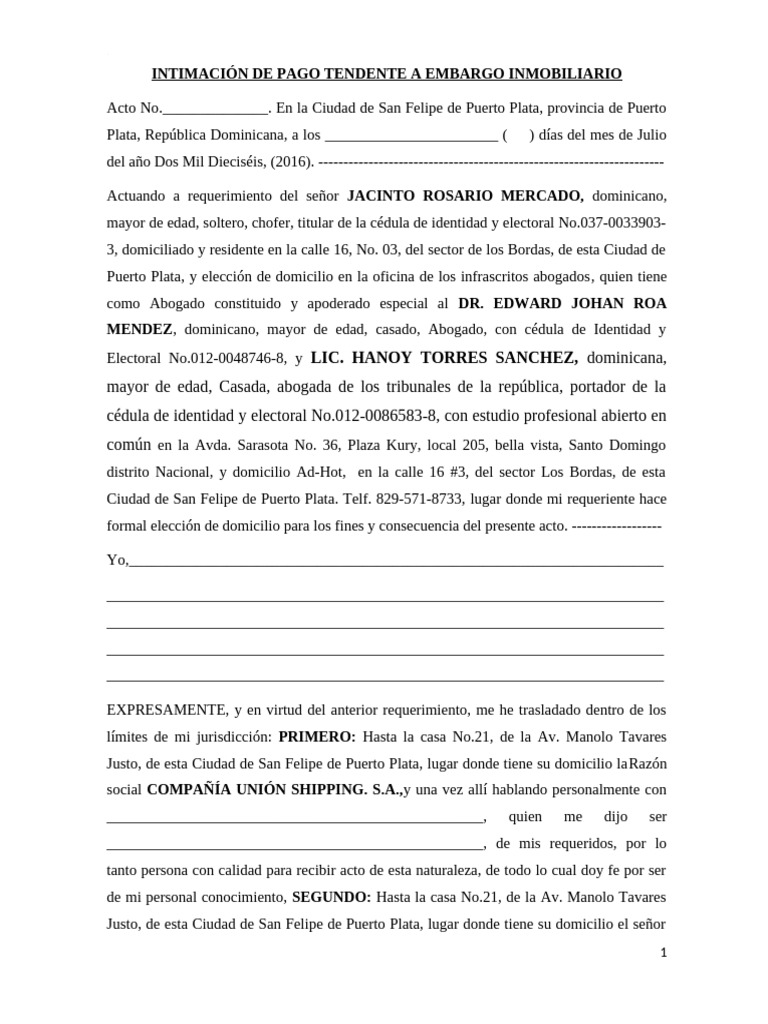Acto de Intimación de Pago Tendente A Embargo Inmobiliario Pto. Pta ...