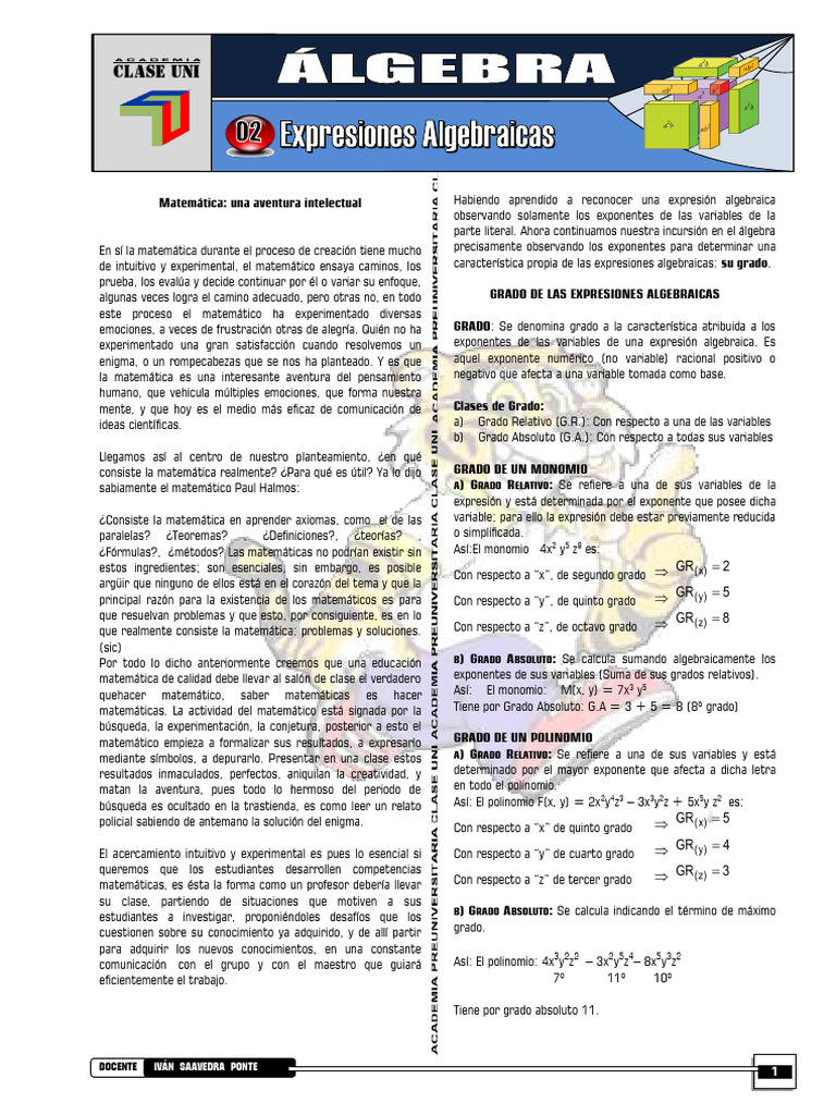 Grado de Expresiones Algebraicas | PDF | Matemáticas | Álgebra