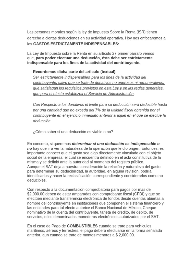 Deducciones Indispensables ISR para Personas Morales | PDF | Impuesto ...