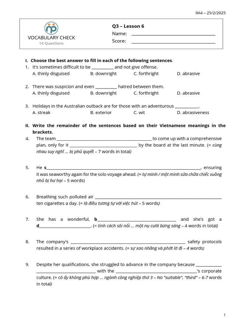 Vocabulary and Sentence Completion Exercise | PDF