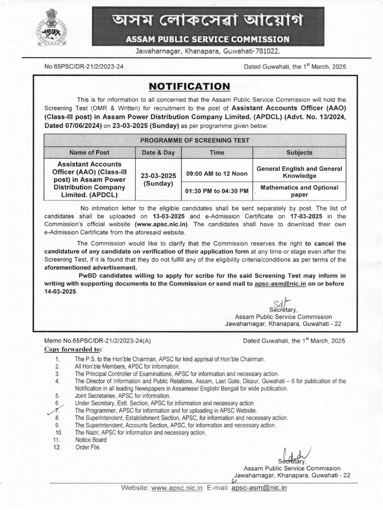 Notif AAO APDCL 13 2024 01032025 | PDF