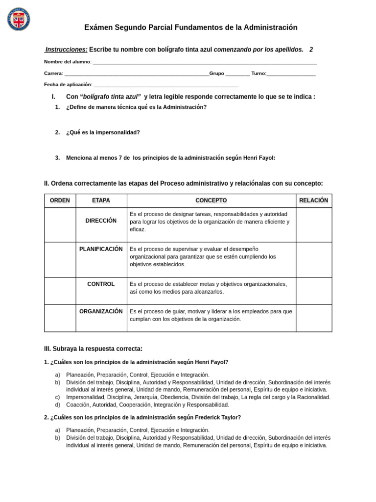 Examen Segundo Parcial Administración | PDF | Planificación
