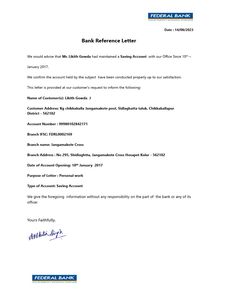 Bank Reference Letter for Likith Gowda | PDF