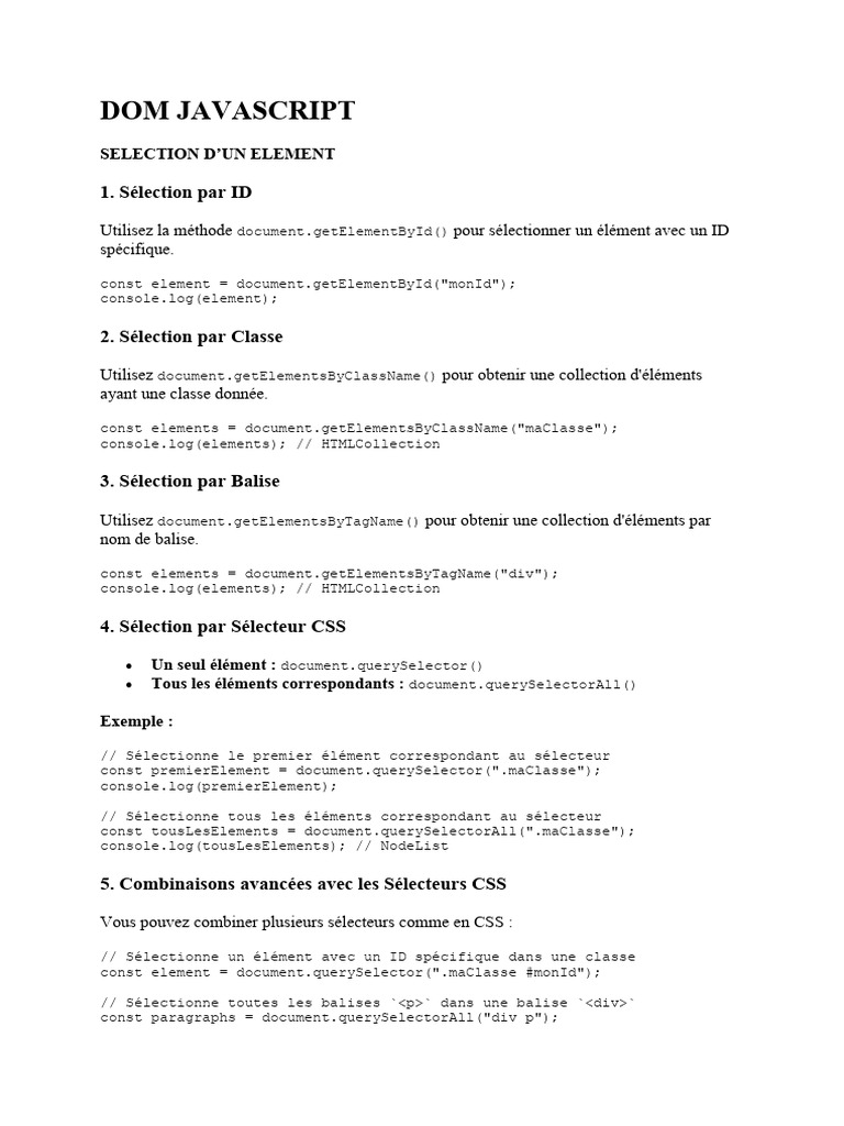 Sélection et Manipulation DOM en JS | PDF | Html | JavaScript