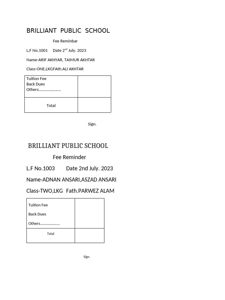 Fee Reminder for Brilliant Public School | PDF