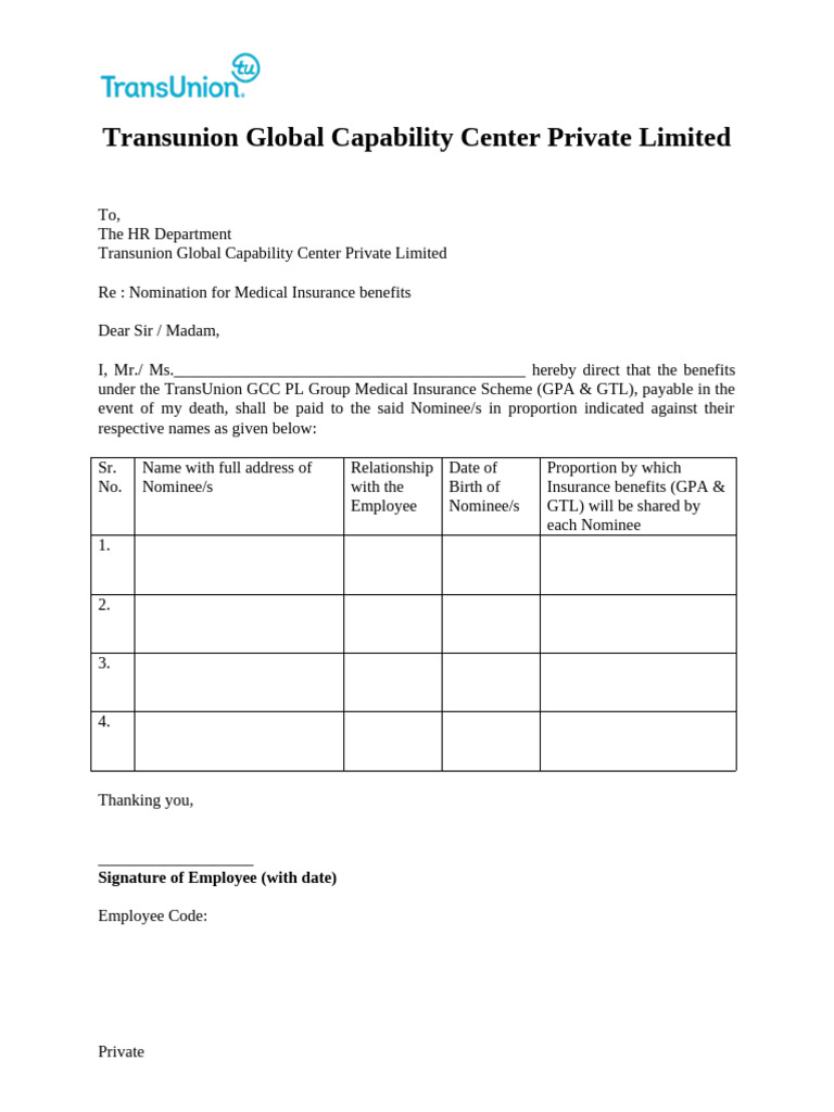 Medical Insurance Nomination Form | PDF