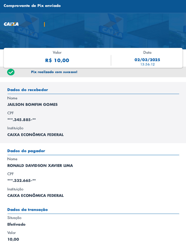 Comprovante Pix CAIXA: Transação Efetivada | PDF