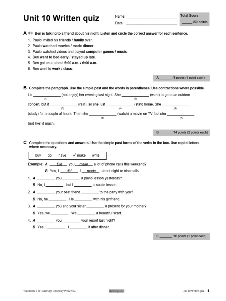 Unit 10 Written Quiz for Touchstone 1 | PDF