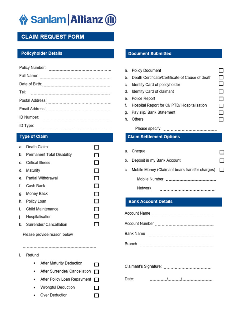 SanlamAllianz General Claim Form (1) - Copy | PDF