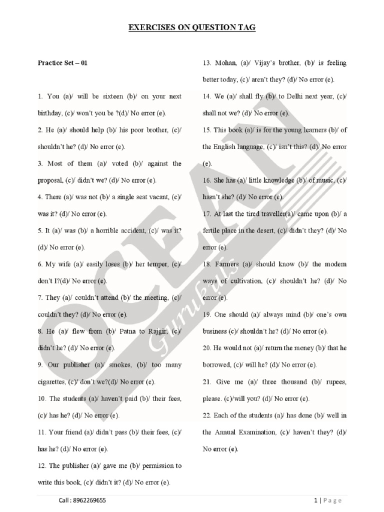 189 Question Tag Practice Sheet With Detailed Solution ENGLISH | PDF