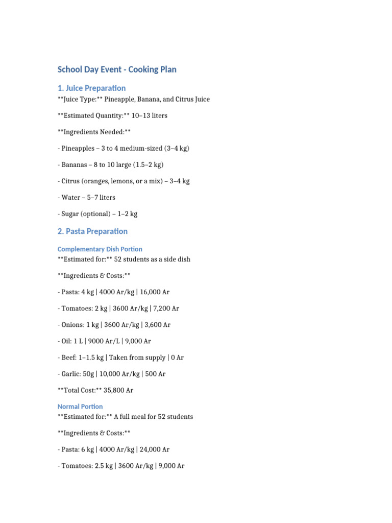 School Cooking Plan for Events | PDF | Pasta | Cooking