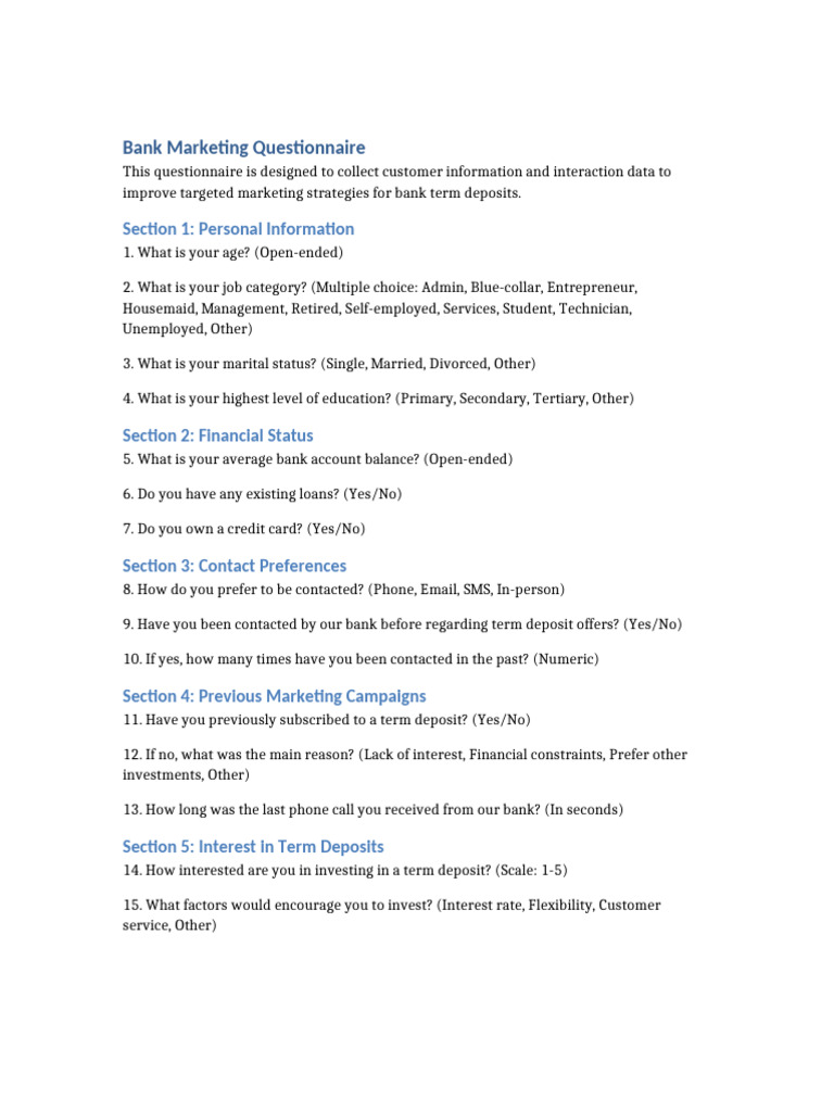 Bank Marketing Questionnaire | PDF