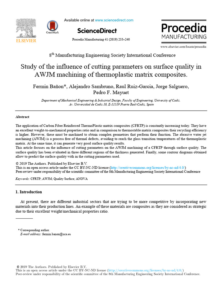 Study of The Influence of Cutting Parameters On Surface Quality in AWJM ...