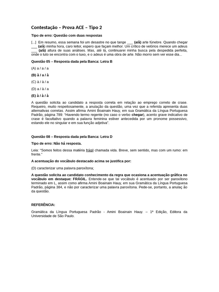 Contestação de Questões de Prova ACE | PDF