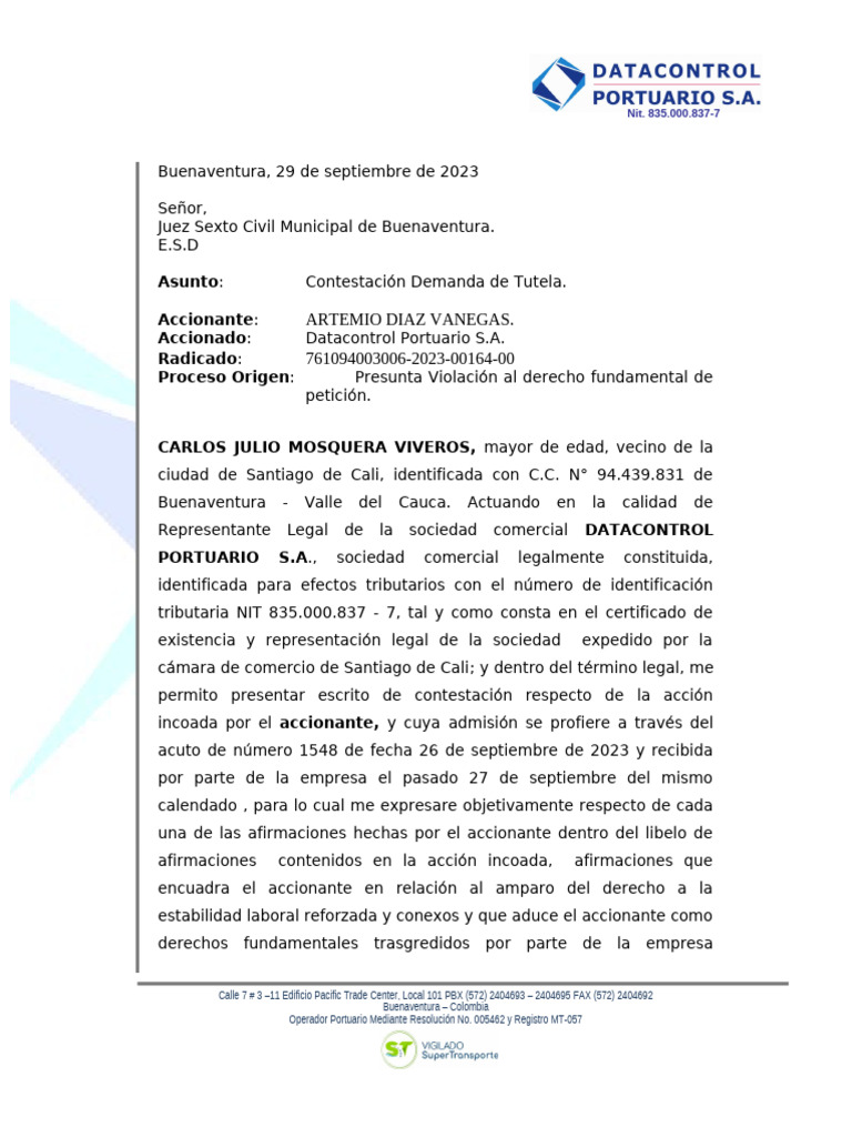 Contestación a Demanda de Tutela 2023 | PDF | Caso de ley | Debido al ...