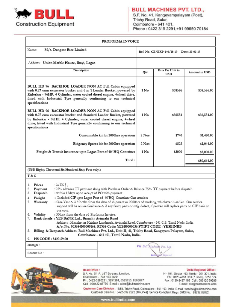 Proforma Invoice for Backhoe Loader Purchase | PDF | Loader (Equipment ...