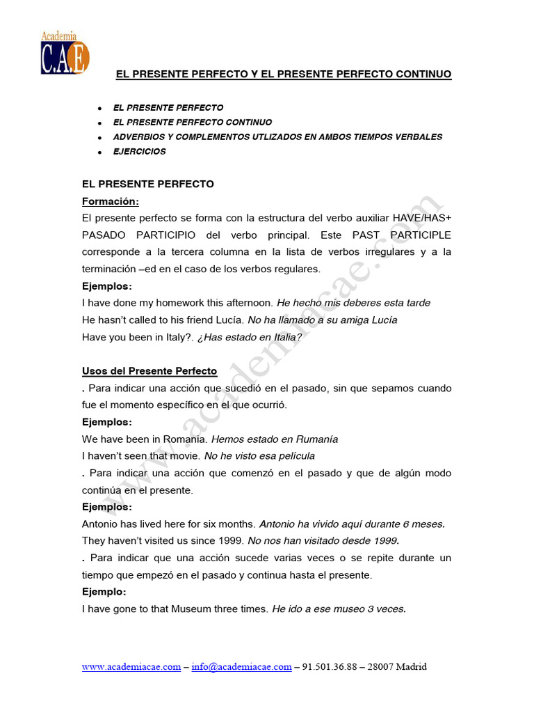 Presente Perfecto y Continuo en Inglés | PDF | Morfología Lingüística ...