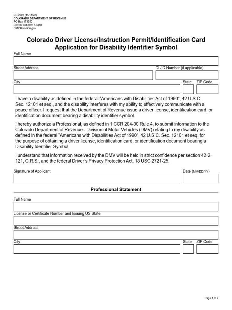 Colorado Disability Identifier Request | PDF | Department Of Motor ...