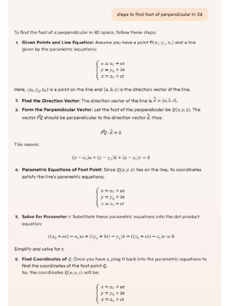 Foot of Perpandicular and Perpandicular Distance Steps | PDF