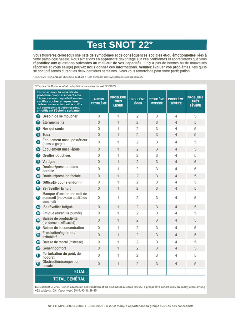 Questionnaire SNOT-22 en Français | PDF | Maladies et troubles