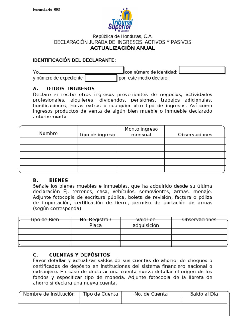 Formulario 003: Declaración Jurada | PDF