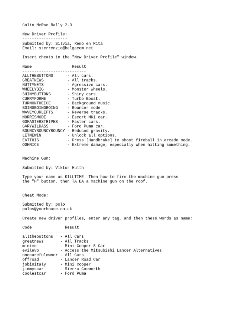 Colin McRae Rally 2.0 Cheat Codes | PDF