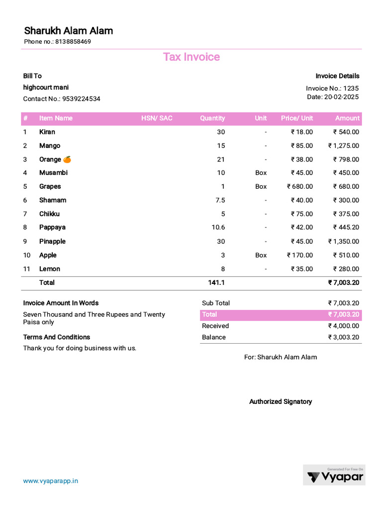 Tax Invoice for Fruit Purchase | PDF