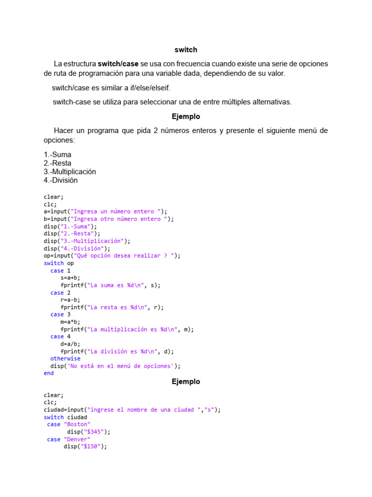 La Estructura Switch Matlab | PDF