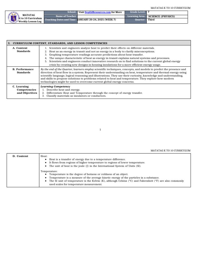 Heat and Energy: Class 7 Lesson Plan | PDF | Heat | Heat Transfer