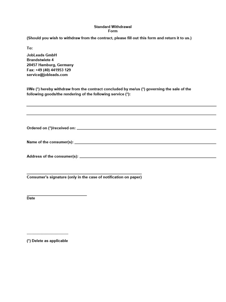 Standard Withdrawal Form Template | PDF