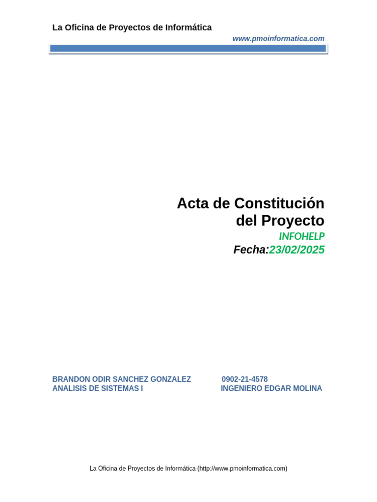 PMOInformatica Plantilla Acta de Constitución Del Proyecto | PDF ...