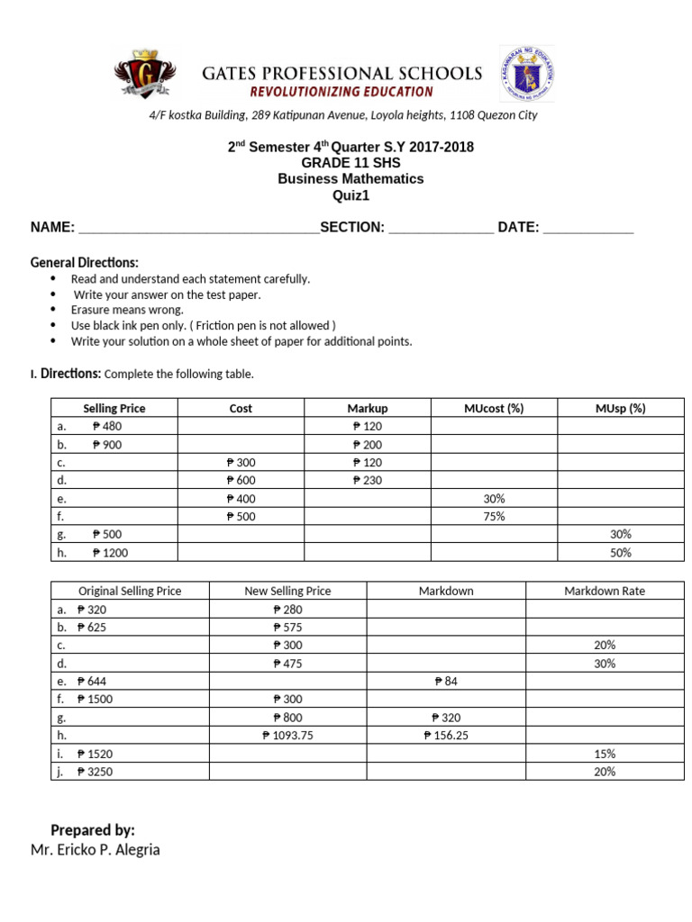 Grade 11 Business Math Quiz 1 | PDF