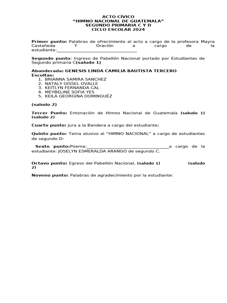 Acto Cívico de Inicio Escolar 2024 | PDF