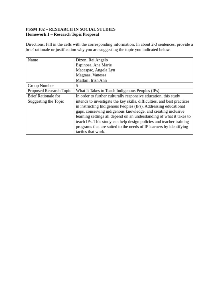 Teaching Indigenous Peoples: Research Proposal | PDF
