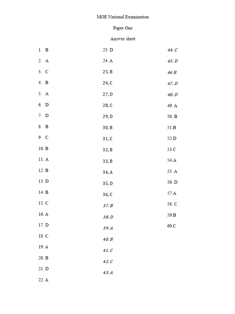 MOE National Exam Paper One Answers | PDF