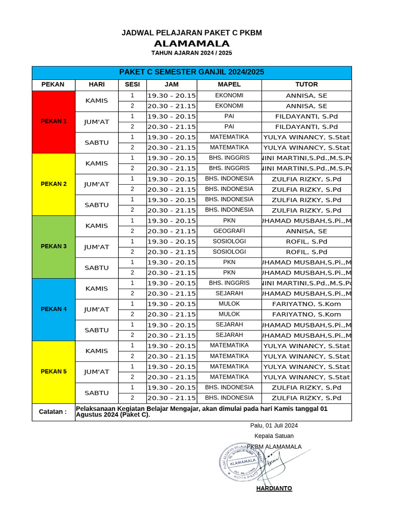 Jadwal Pelajaran Paket C 2024/2025 | PDF
