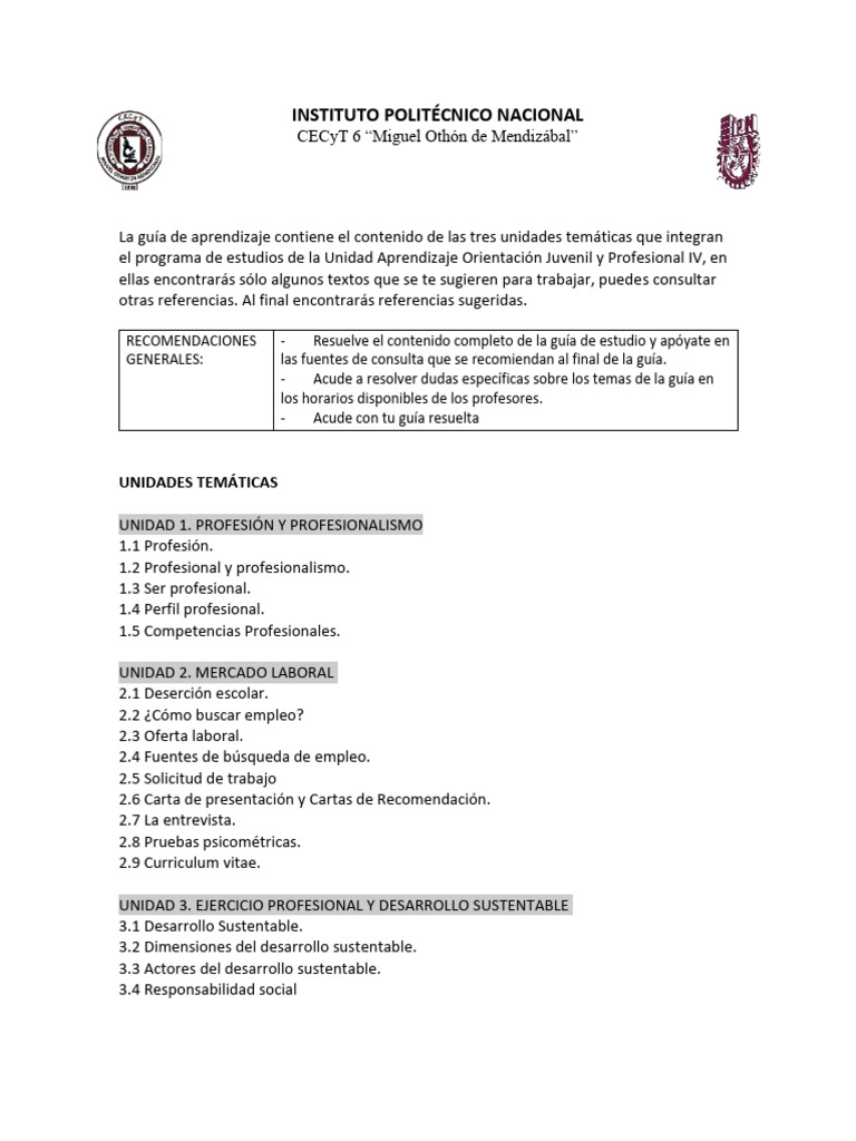 Guía de Estudio: Orientación Profesional IV | PDF | Plan de estudios ...