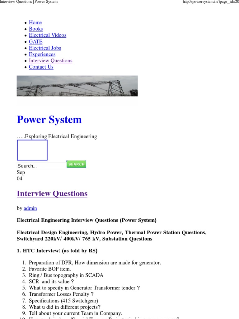 Interview Questions Power System PDF Electrical Substation