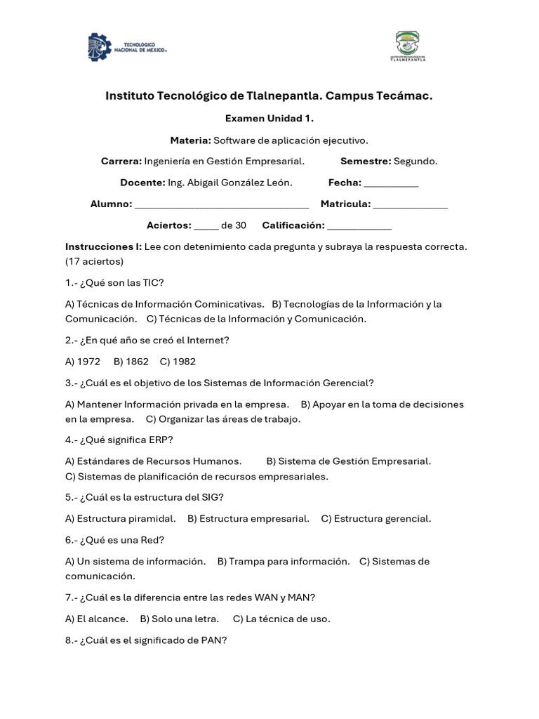 Examen de TIC para Ingeniería Empresarial | PDF | Red de computadoras ...