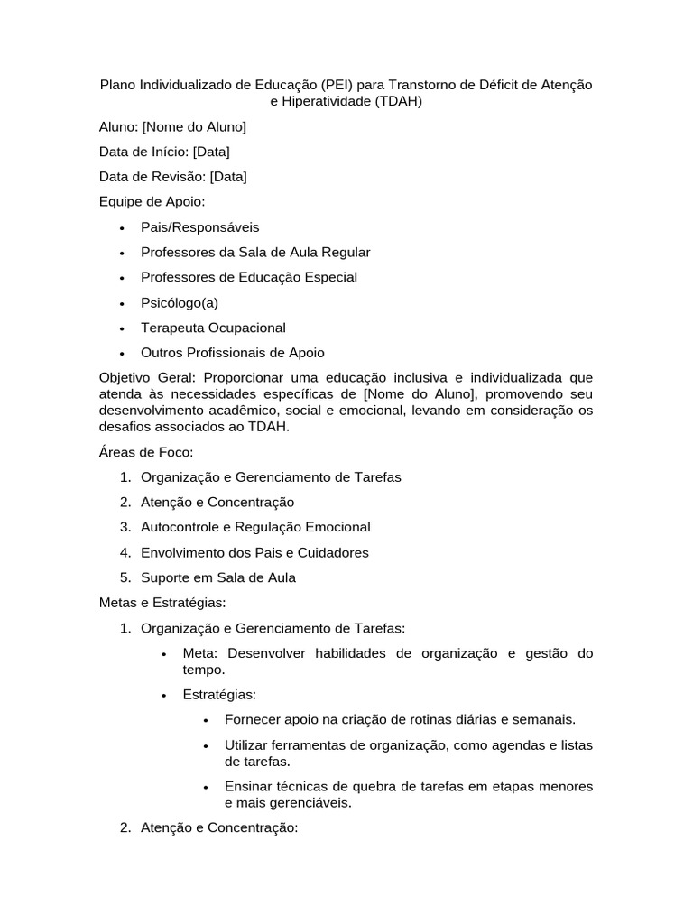 PEI para Aluno com TDAH | PDF | Transtorno de déficit de atenção e ...