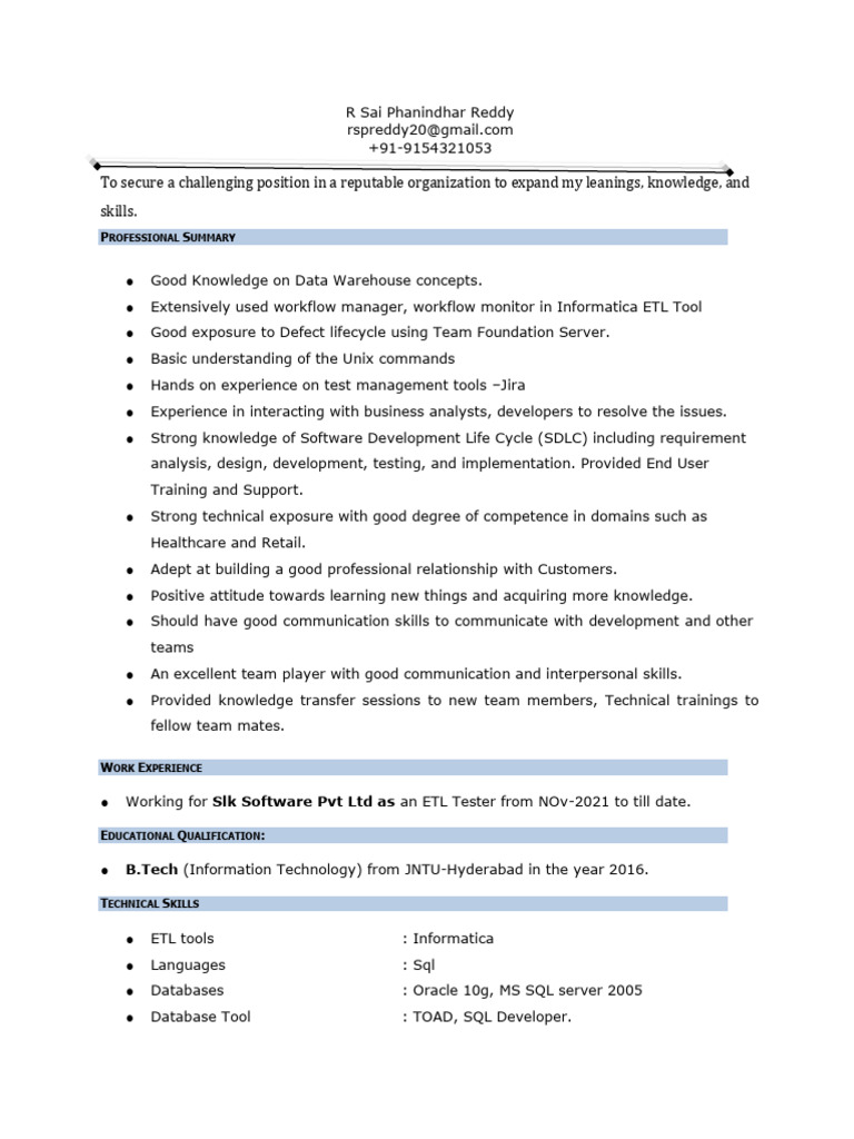 ETL Tester Resume and Skills Overview | PDF | Databases | Software Testing