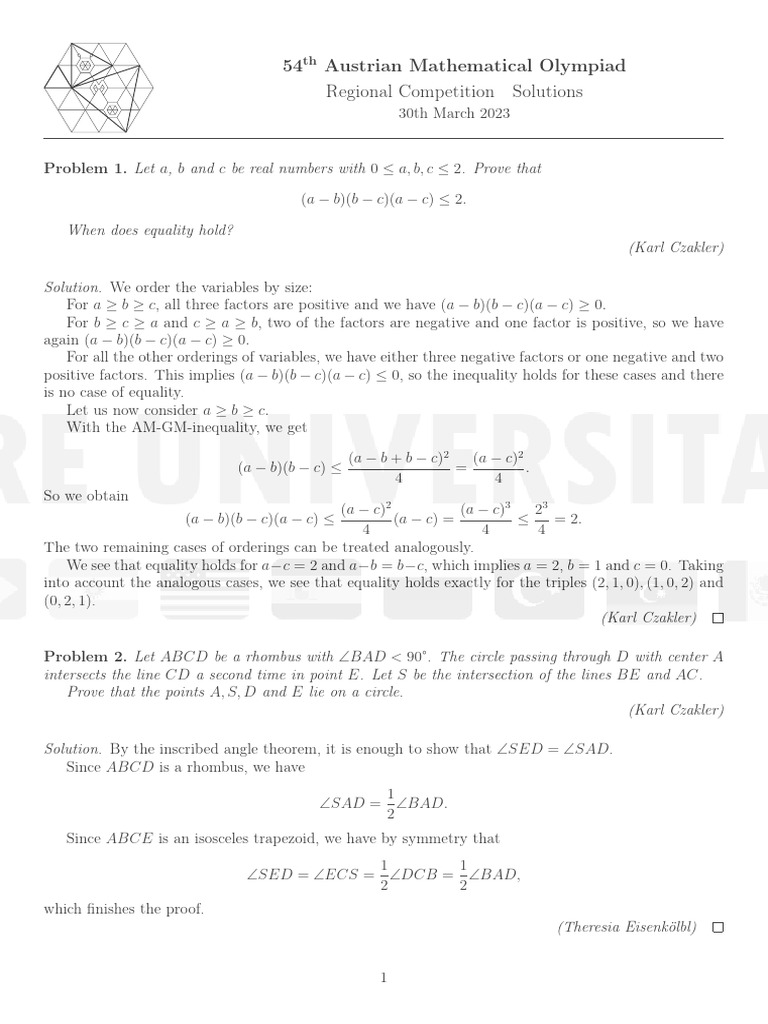 Solutions to 54th Austrian Math Olympiad | PDF | Inequality ...