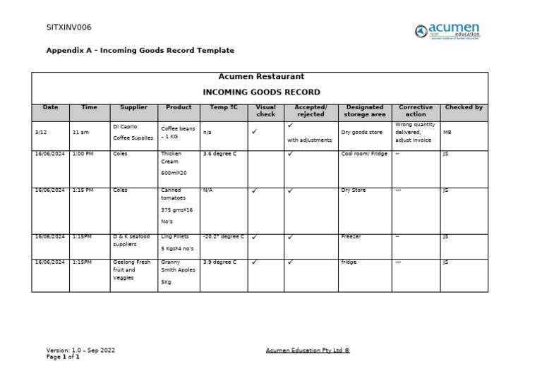 Incoming Goods Record Template | PDF