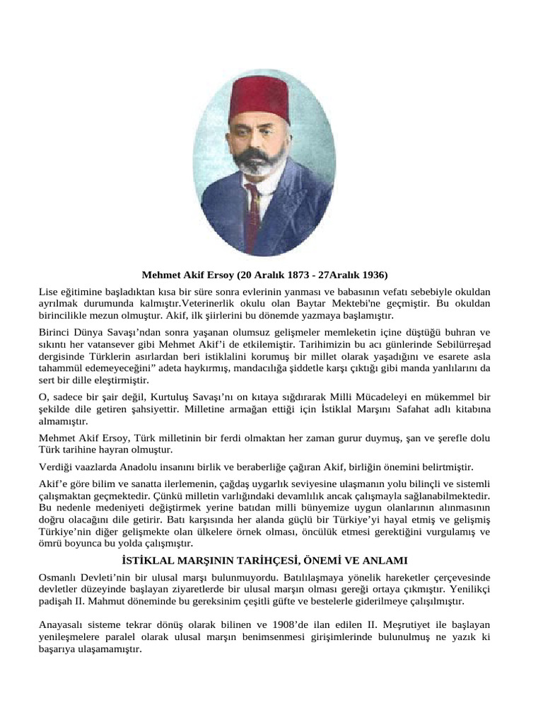 İstiklal Marşını Tarihçesi, Önemi Ve Şairi Mehmet Akif Ersoy (Y) | PDF