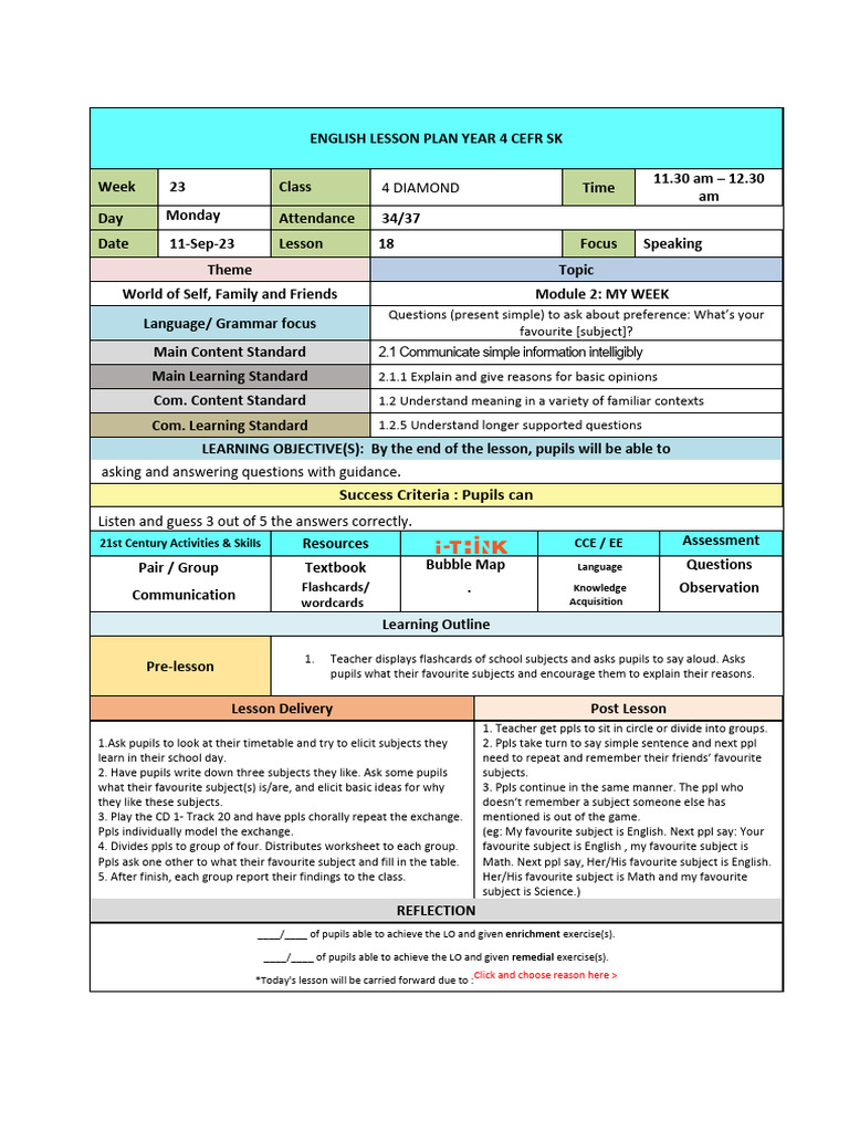 Year 4 English Lesson Plan CEFR SK | PDF | Learning | Question